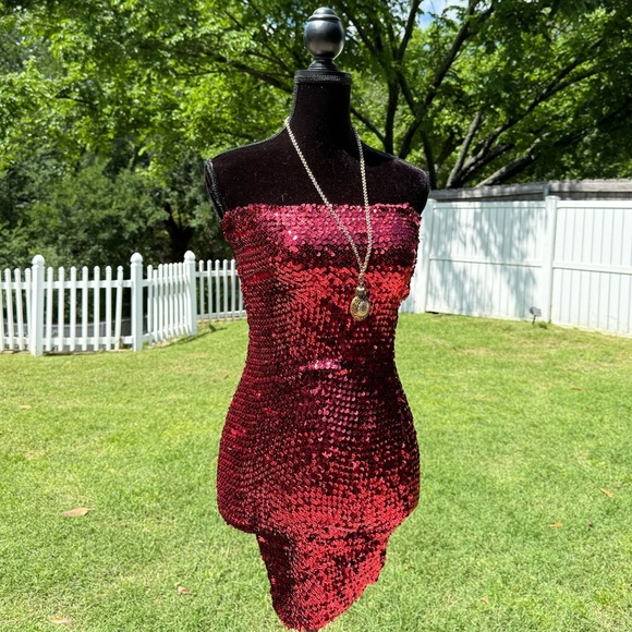 Y2k Sequin Strapless Red bandeau Dress - Picture 2 of 2